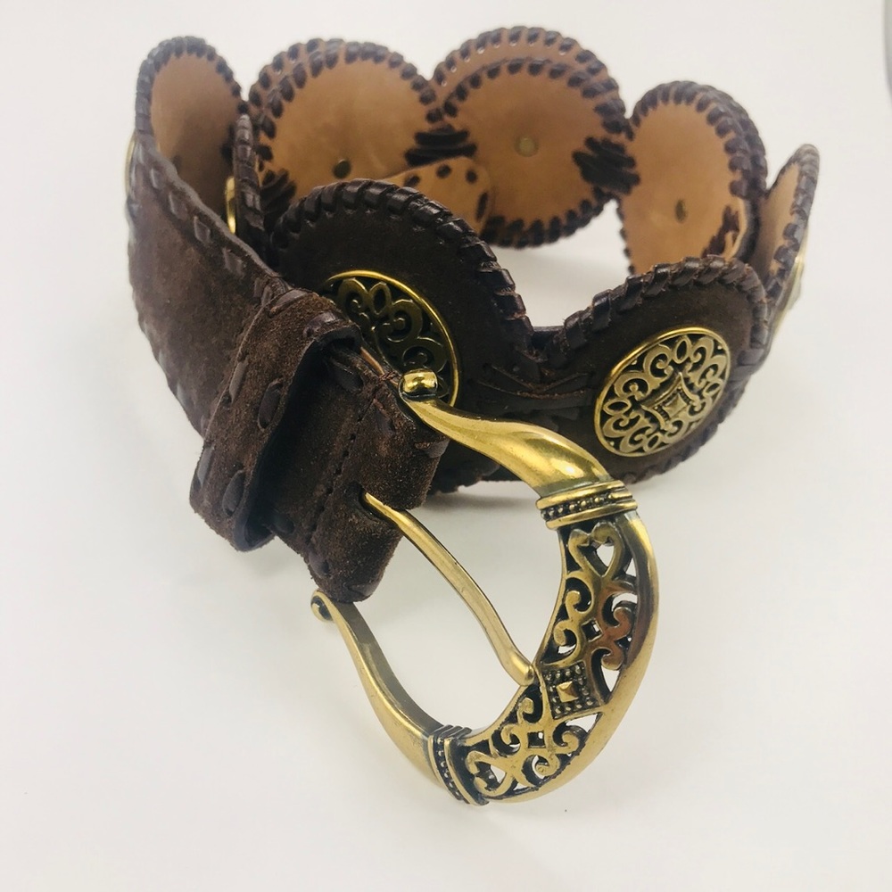 Brighton Cafe Concho Gold/Brown Suede Belt Sz 38